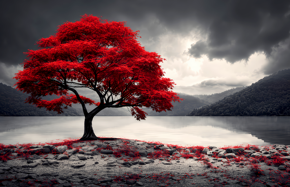 Red Maple Tree by a Misty Lake Glass Wall Art