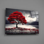 Lone red maple lakeside scene on a glossy tempered glass panel mounted on a grey wall