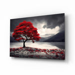 Red maple tree glass wall art angled to show the polished tempered glass surface