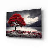 Red maple tree glass wall art angled to show the polished tempered glass surface