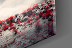 Close-up detail of the crimson maple leaves and still grey lake on the glass wall art