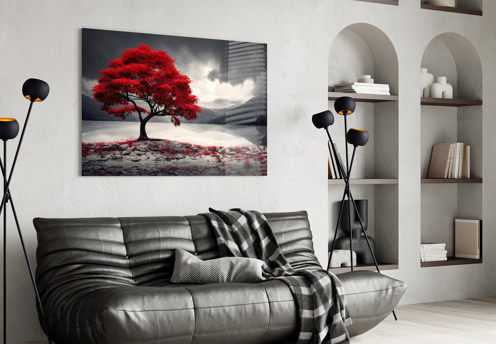 Red maple tree glass wall art styled in a contemporary interior setting