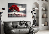 Red maple tree glass wall art styled in a contemporary interior setting