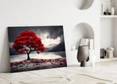 Crimson maple and misty mountains glass panel bringing a bold focal point to a room