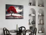 Red maple lakeside glass wall art leaning in a warm minimalist interior