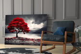 Red maple tree on a grey lake glass wall art in a styled modern space