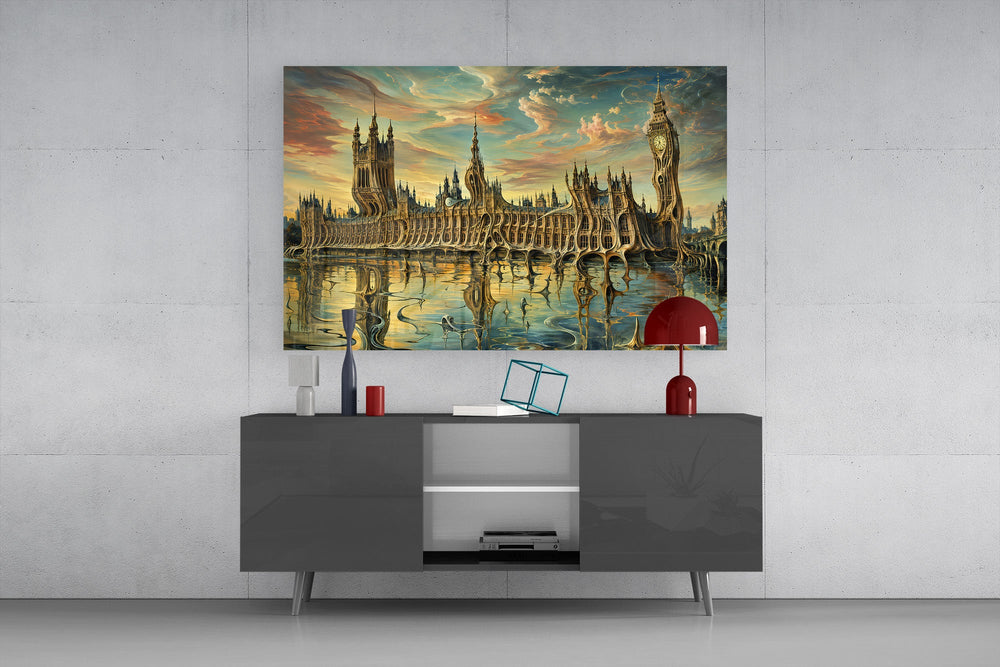 Big Ben Westminster glass wall art displayed above a console in a modern interior