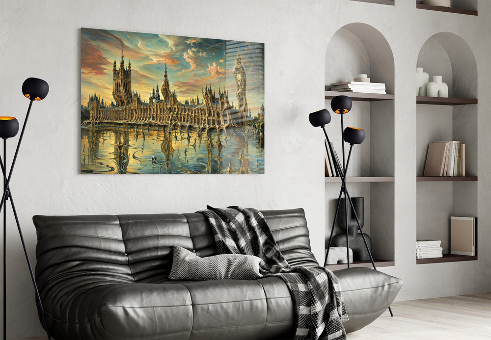 Big Ben Westminster glass wall art styled in a contemporary living room