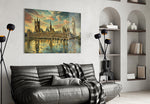 Big Ben Westminster glass wall art styled in a contemporary living room