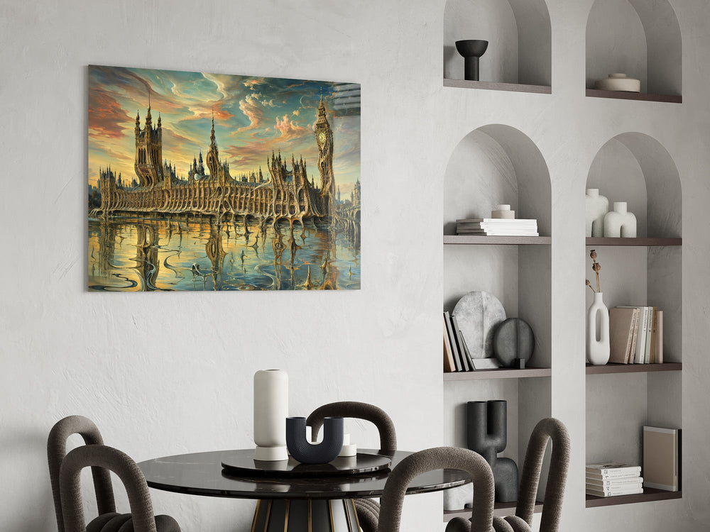Big Ben Westminster glass wall art shown in a warm, styled interior setting