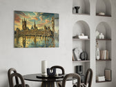 Big Ben Westminster glass wall art shown in a warm, styled interior setting
