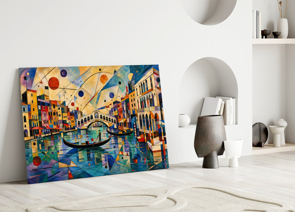 Venice Grand Canal glass wall art leaning against a wall in a minimalist interior