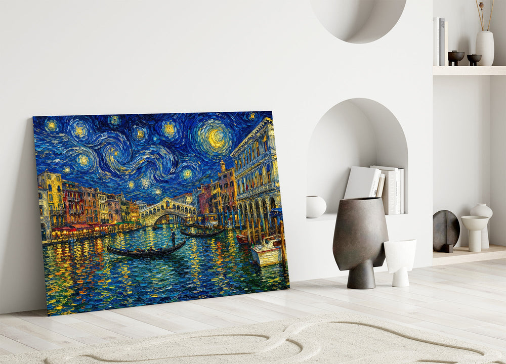 Venice Grand Canal glass wall art leaning against a wall in a minimalist interior