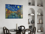 Venice Grand Canal glass wall art shown in a warm, styled interior setting