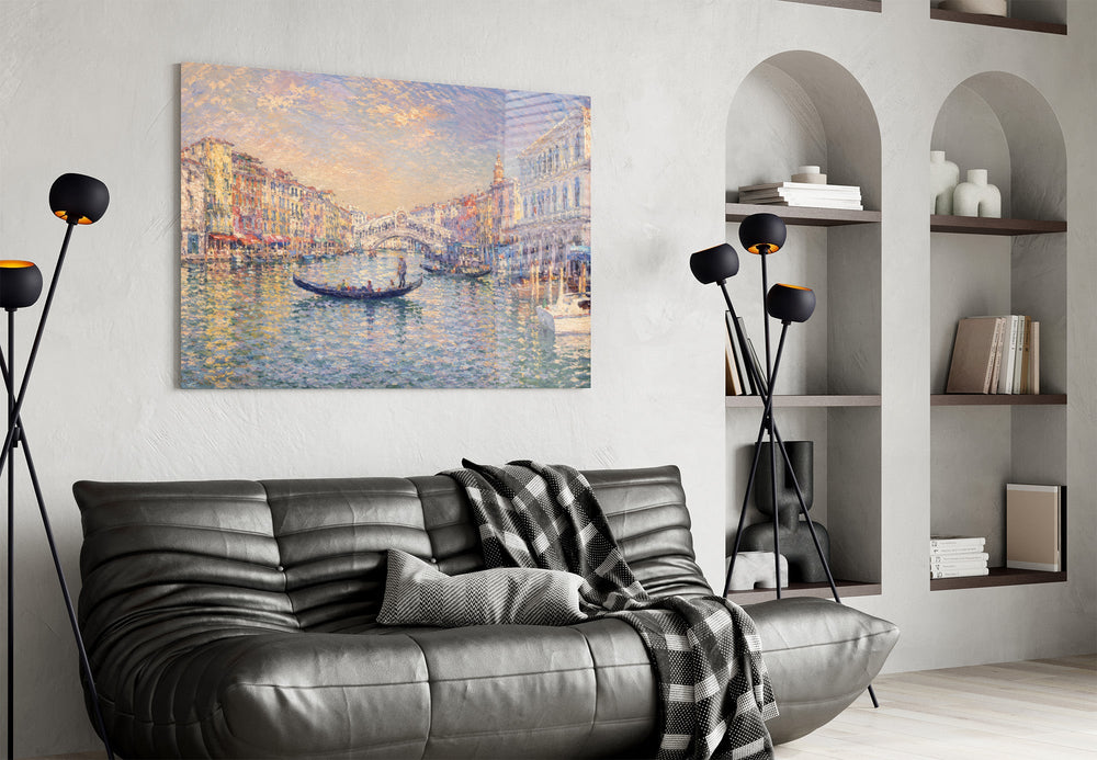 Venice Grand Canal glass wall art styled in a contemporary living room