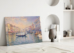 Venice Grand Canal glass wall art leaning against a wall in a minimalist interior