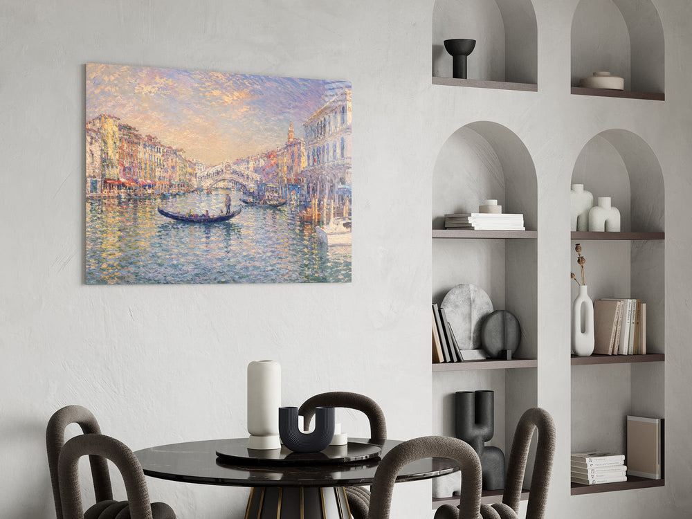 Venice Grand Canal glass wall art shown in a warm, styled interior setting