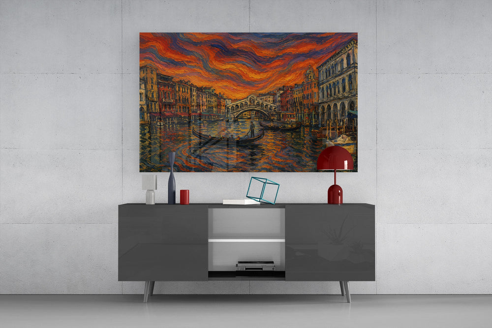 Venice Grand Canal glass wall art displayed above a console in a modern interior