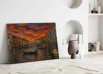Venice Grand Canal glass wall art leaning against a wall in a minimalist interior