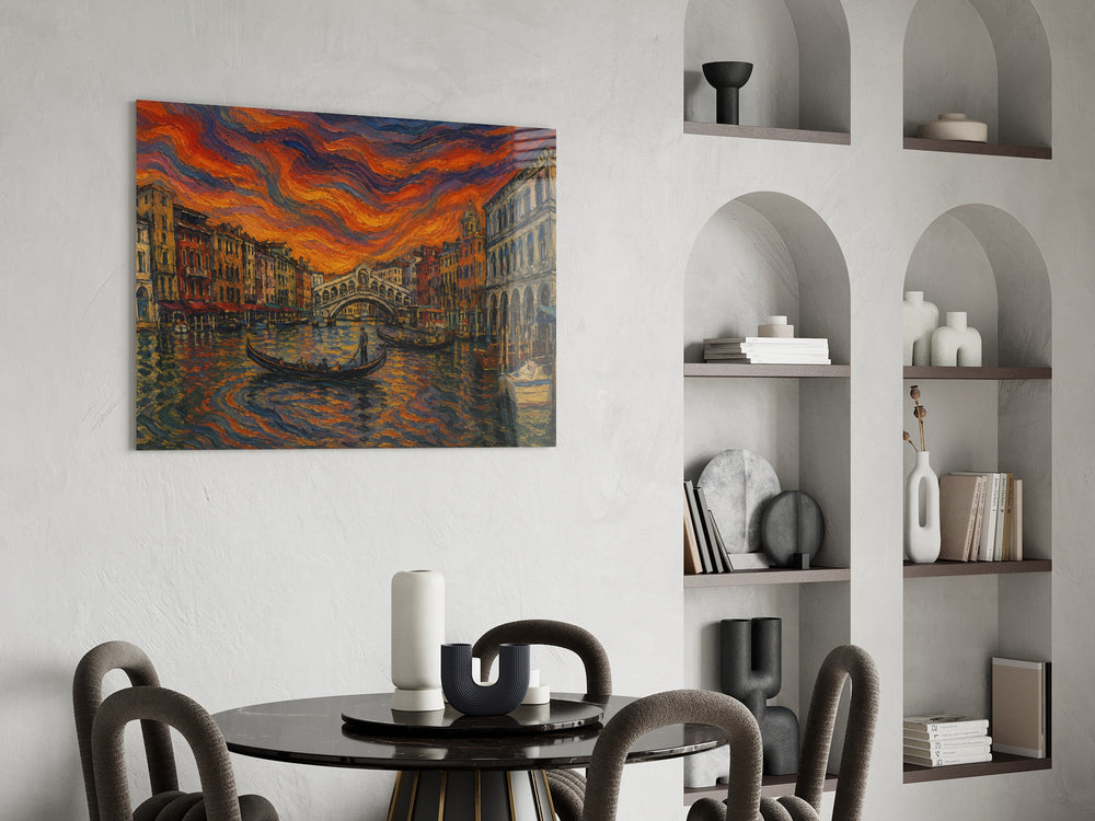 Venice Grand Canal glass wall art shown in a warm, styled interior setting
