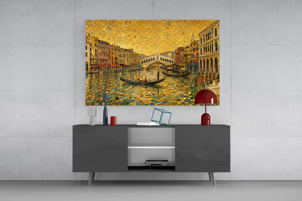 Venice Grand Canal glass wall art displayed above a console in a modern interior