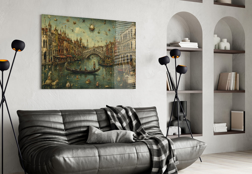 Venice Grand Canal glass wall art styled in a contemporary living room
