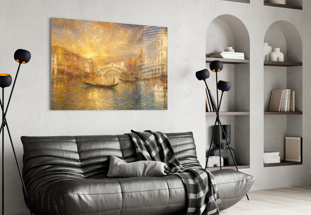 Venice Grand Canal glass wall art styled in a contemporary living room