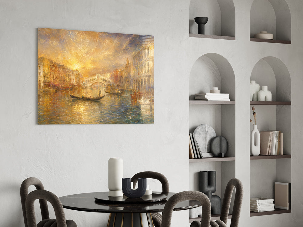 Venice Grand Canal glass wall art shown in a warm, styled interior setting