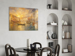 Venice Grand Canal glass wall art shown in a warm, styled interior setting