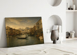 Venice Grand Canal glass wall art leaning against a wall in a minimalist interior