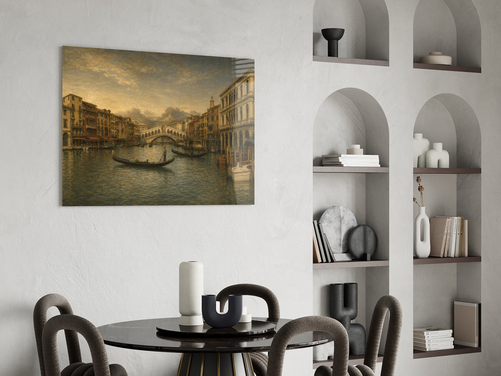 Venice Grand Canal glass wall art shown in a warm, styled interior setting