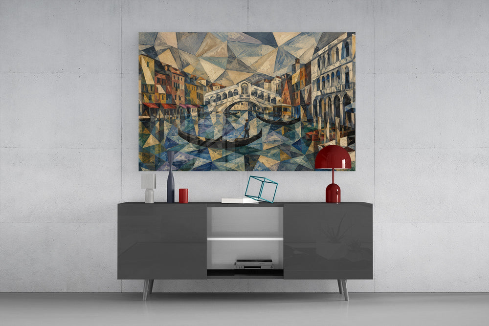 Venice Grand Canal glass wall art displayed above a console in a modern interior