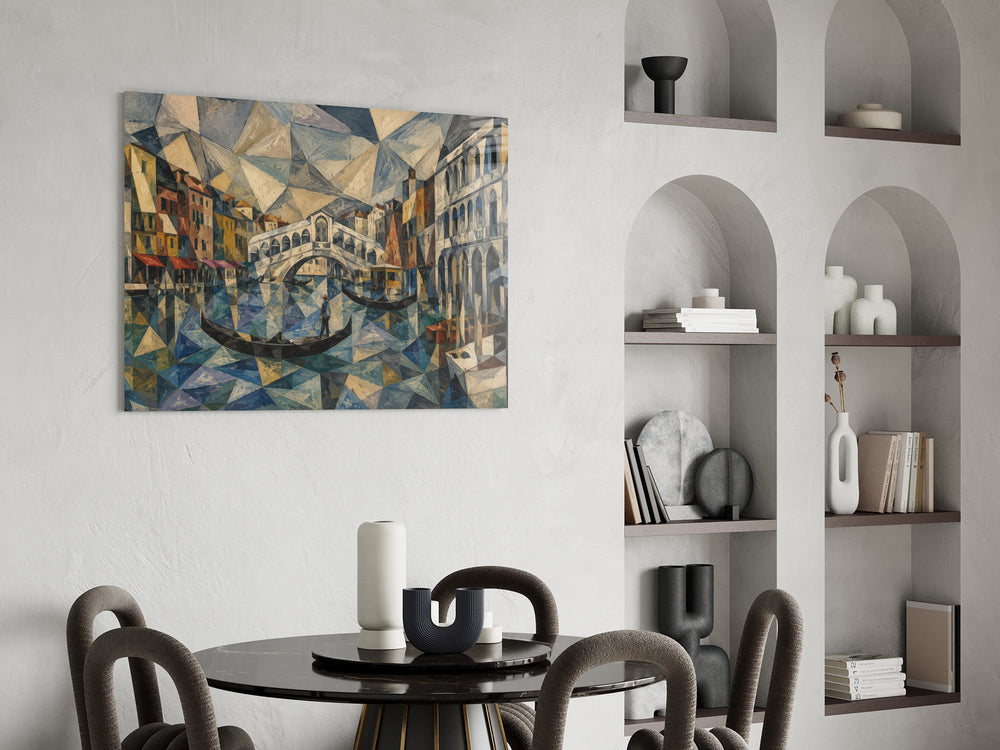 Venice Grand Canal glass wall art shown in a warm, styled interior setting