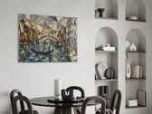 Venice Grand Canal glass wall art shown in a warm, styled interior setting