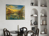 Venice Grand Canal glass wall art shown in a warm, styled interior setting