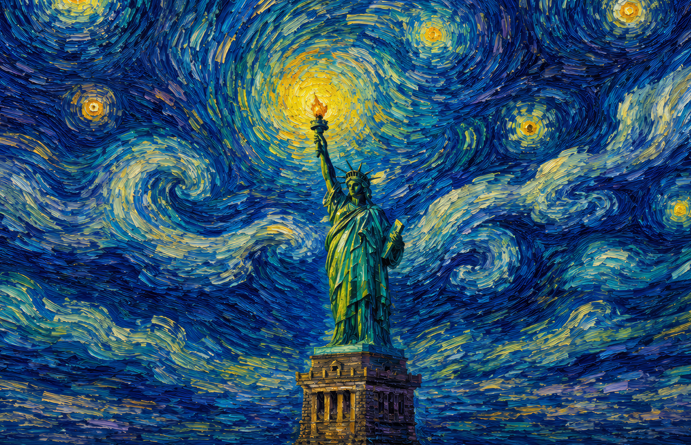 Statue of Liberty Van Gogh Style Glass Wall Art