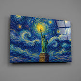 Statue of Liberty glass wall art mounted flat on a grey wall