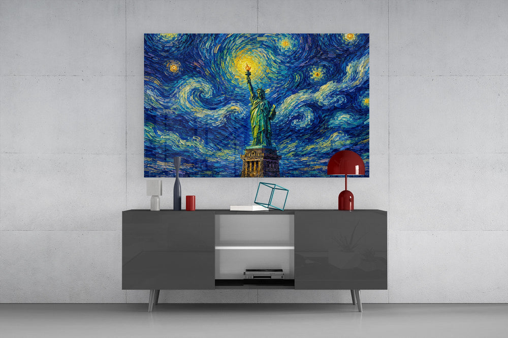 Statue of Liberty glass wall art displayed above a console in a modern interior