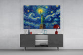 Statue of Liberty glass wall art displayed above a console in a modern interior
