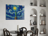 Statue of Liberty glass wall art shown in a warm, styled interior setting