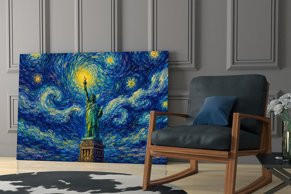 Statue of Liberty glass wall art hanging as a focal point in a modern room