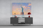 Statue of Liberty glass wall art displayed above a console in a modern interior