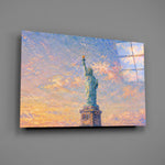 Statue of Liberty glass wall art mounted flat on a grey wall