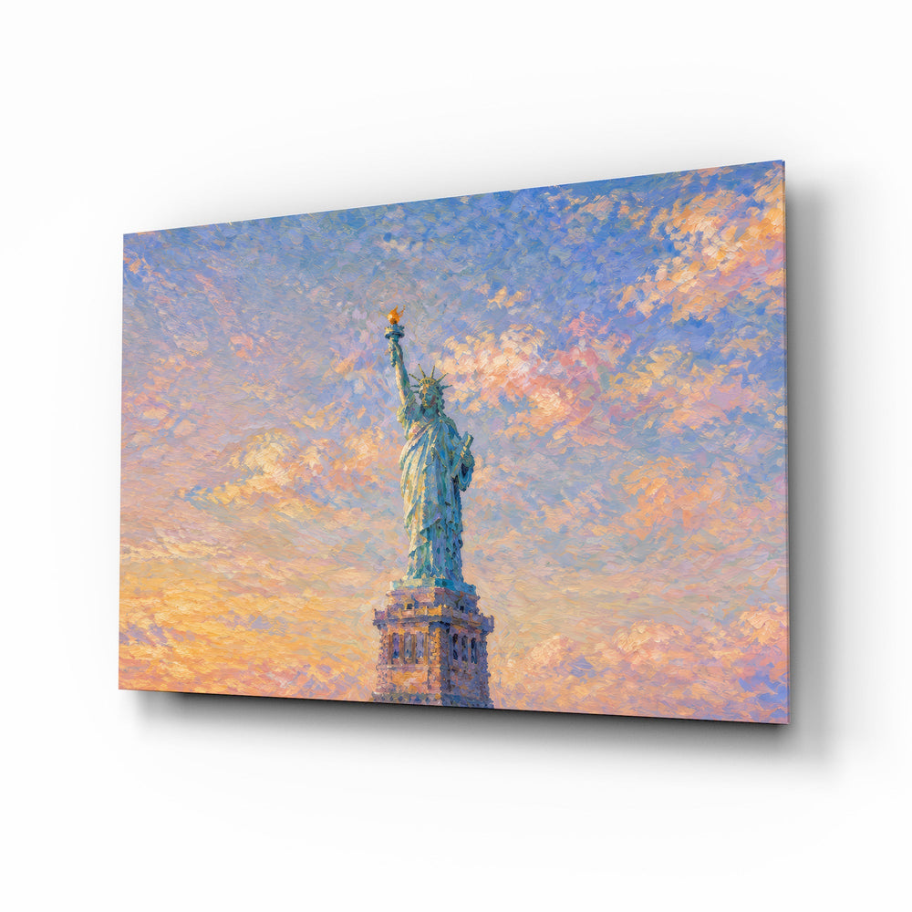 Statue of Liberty glass wall art, angled view of the tempered glass panel