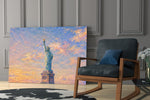 Statue of Liberty glass wall art hanging as a focal point in a modern room