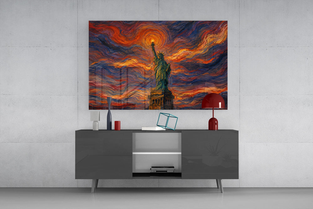 Statue of Liberty glass wall art displayed above a console in a modern interior