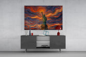 Statue of Liberty glass wall art displayed above a console in a modern interior