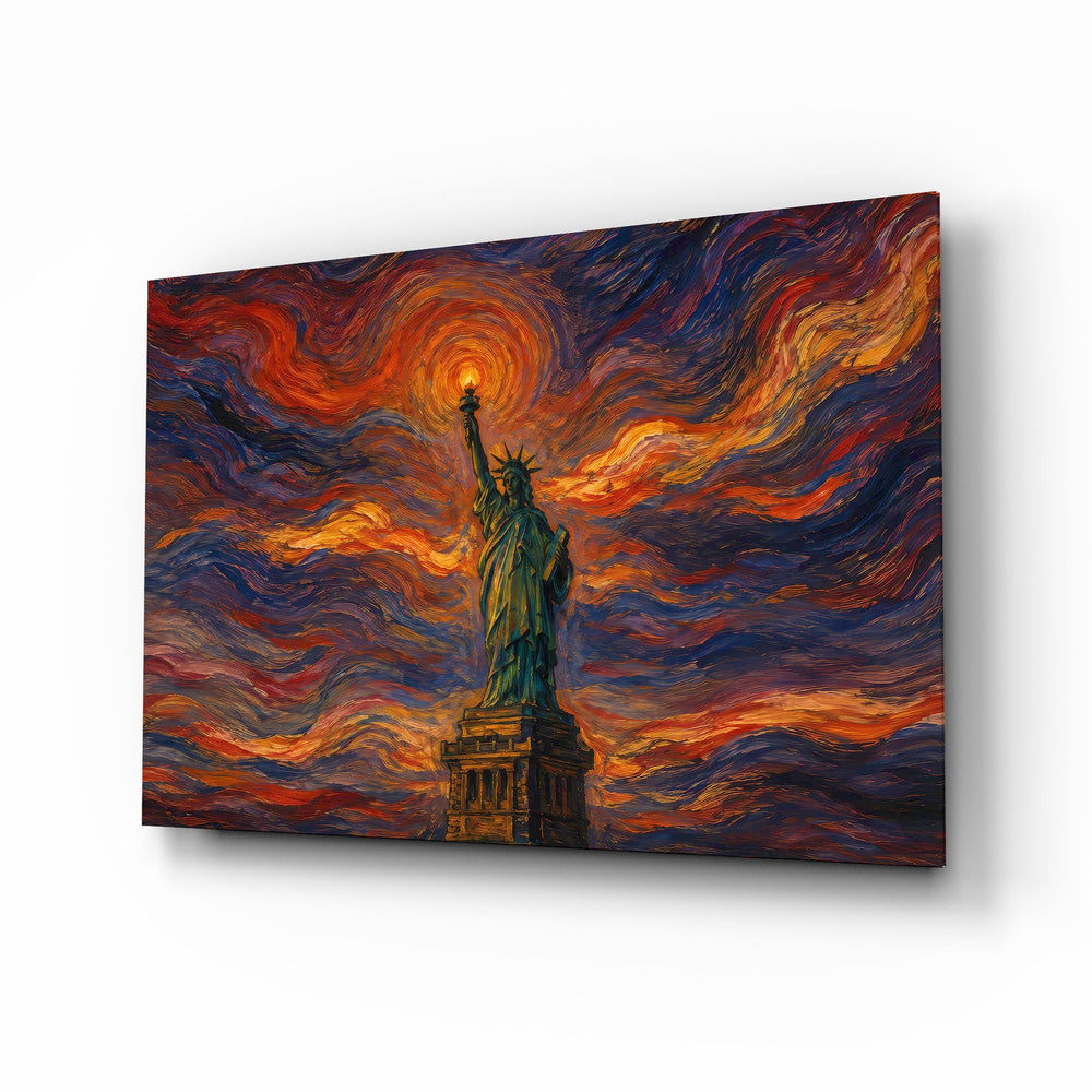Statue of Liberty glass wall art, angled view of the tempered glass panel