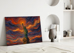 Statue of Liberty glass wall art leaning against a wall in a minimalist interior