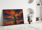 Statue of Liberty glass wall art leaning against a wall in a minimalist interior
